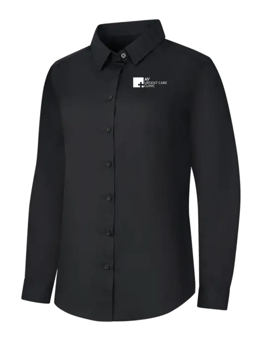 Womens Black Long Sleeve Carefree Poplin Shirt w/My Urgent Care Logo