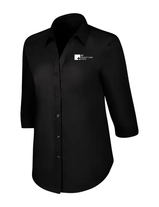 Womens Black 3/4 Sleeve Carefree Poplin Shirt w/My Urgent Care Logo