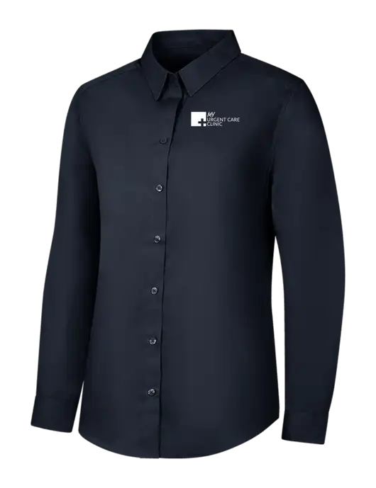 Womens River Blue Navy Long Sleeve Carefree Poplin Shirt w/My Urgent Care Logo