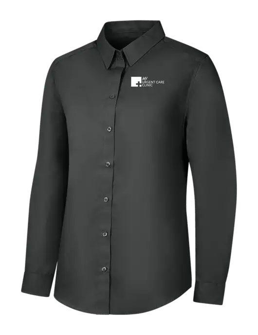 Womens Dark Grey Long Sleeve Carefree Poplin Shirt w/My Urgent Care Logo