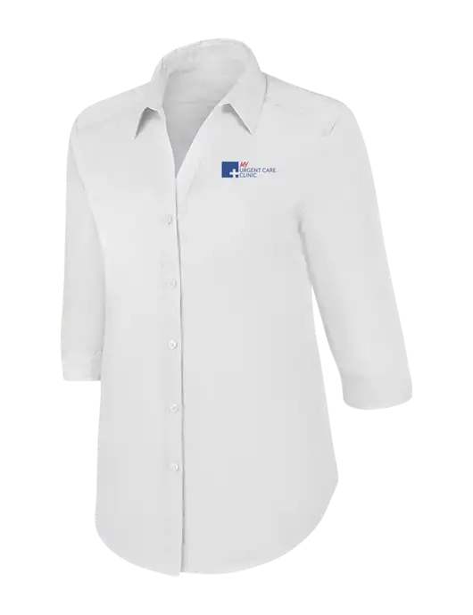 Womens White 3/4 Sleeve Carefree Poplin Shirt w/My Urgent Care Logo