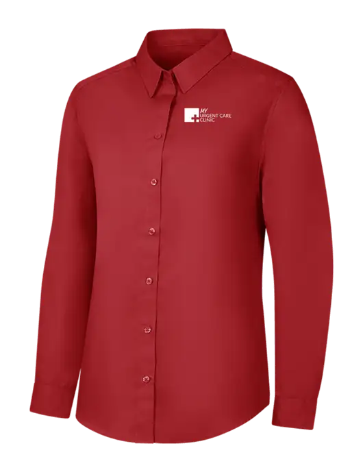 Womens Rich Red  Long Sleeve Carefree Poplin Shirt w/My Urgent Care Logo
