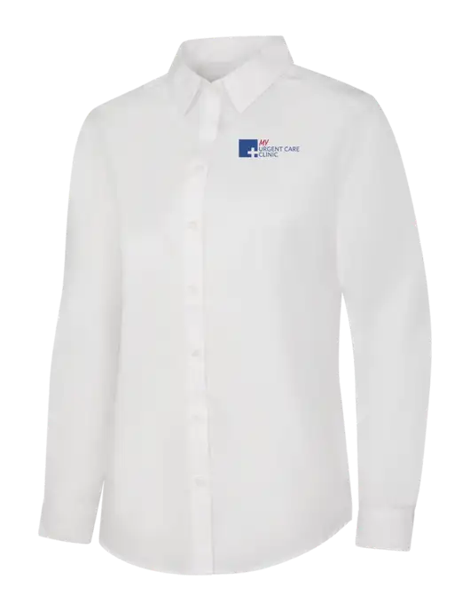 Womens White Long Sleeve Carefree Poplin Shirt w/My Urgent Care Logo