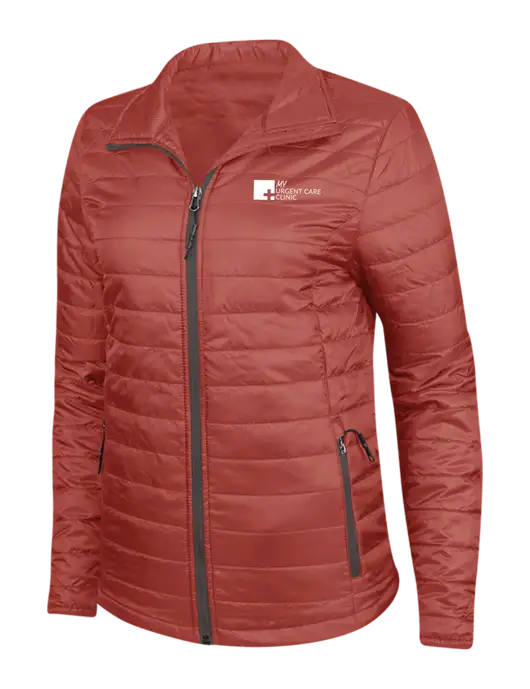 Dark Red Womens Puffy Packable Jacket w/My Urgent Care Logo