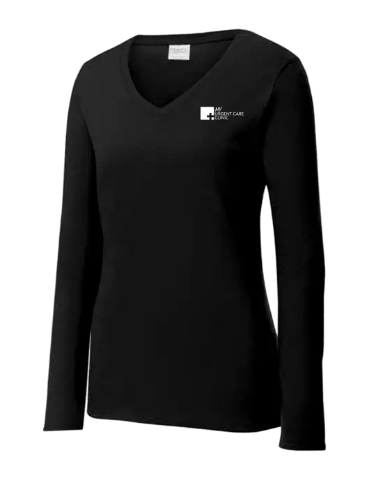 Womens V-Neck Ring Spun Jet Black 4.5 oz Long Sleeve T-Shirt w/My Urgent Care Logo