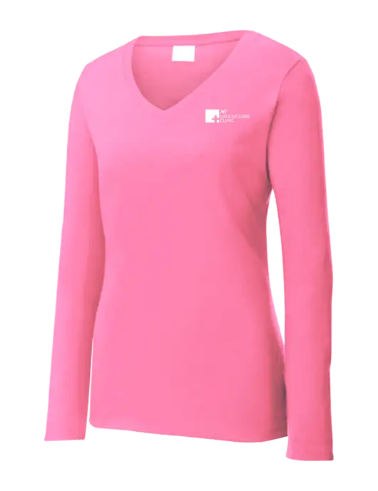 Womens  V-Neck Ring Spun Pink 4.5 oz Long Sleeve T-Shirt w/My Urgent Care Logo