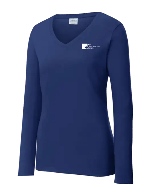 Womens  V-Neck Ring Spun Navy 4.5 oz Long Sleeve T-Shirt w/My Urgent Care Logo
