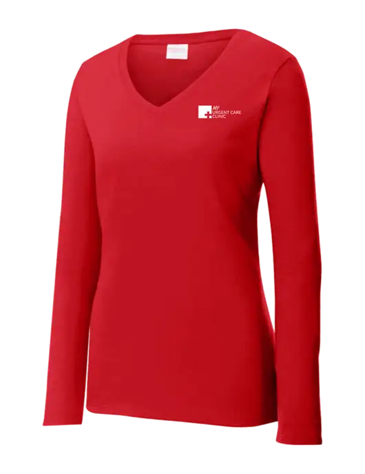 Womens  V-Neck Ring Spun Bright Red 4.5 oz Long Sleeve T-Shirt w/My Urgent Care Logo