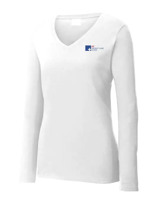 Womens  V-Neck Ring Spun White 4.5 oz Long Sleeve T-Shirt w/My Urgent Care Logo