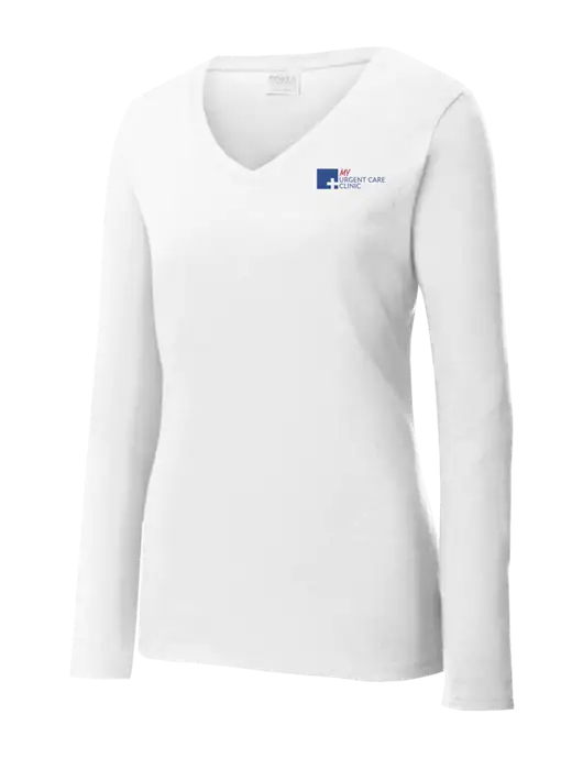 Womens  V-Neck Ring Spun White 4.5 oz Long Sleeve T-Shirt w/My Urgent Care Logo