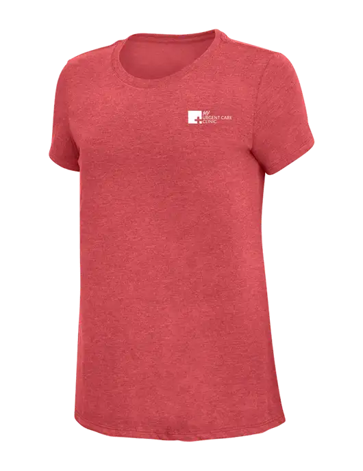Womens Simply Soft Red Frost 4.5oz Poly/Combed Ring Spun Cotton T-Shirt w/My Urgent Care Logo