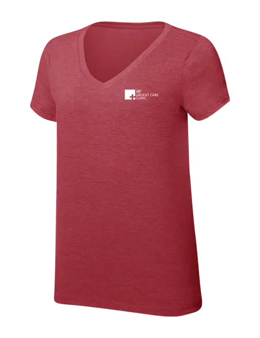 Womens Simply Soft V-Neck Red Frost 4.5oz  Poly/Combed Ring Spun Cotton T-Shirt w/My Urgent Care Logo