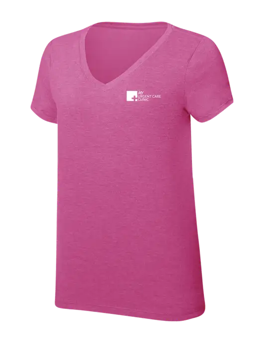 Womens Simply Soft V-Neck Fuschia Frost 4.5oz  Poly/Combed Ring Spun Cotton T-Shirt w/My Urgent Care Logo
