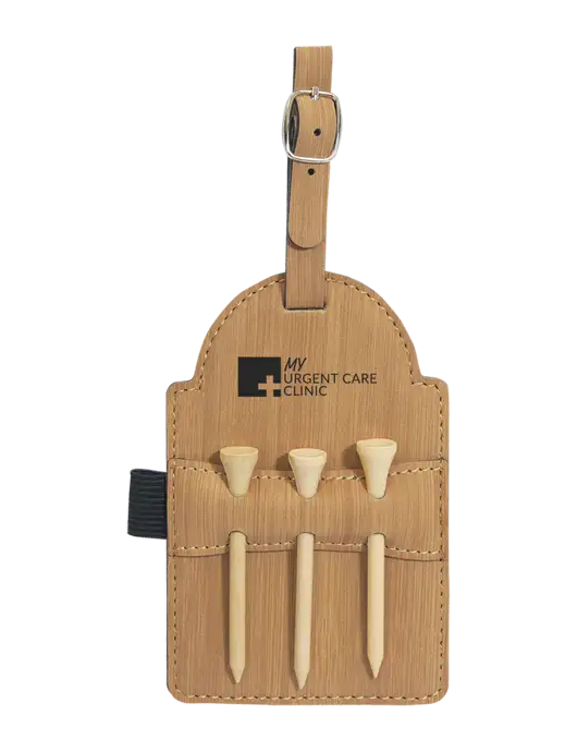 Bamboo Leatherette Golf Bag Tag with 3 Wooden Tees w/My Urgent Care Logo