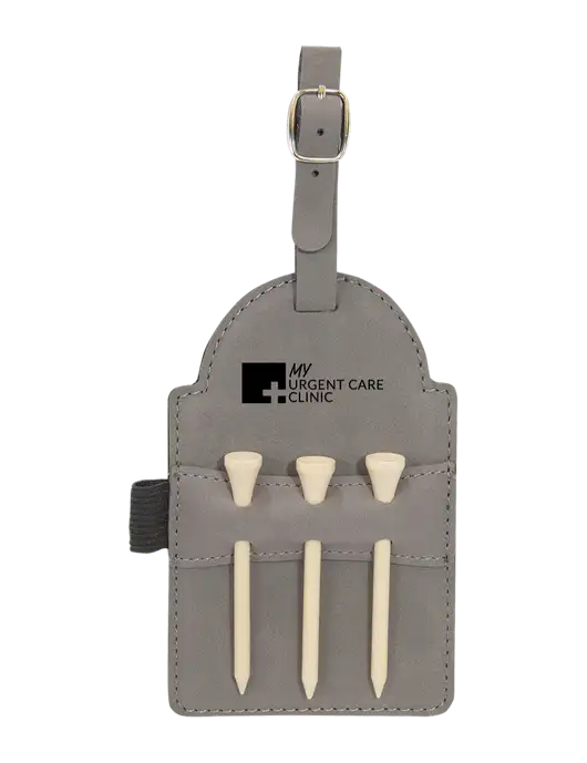 Grey Leatherette Golf Bag Tag with 3 Wooden Tees w/My Urgent Care Logo