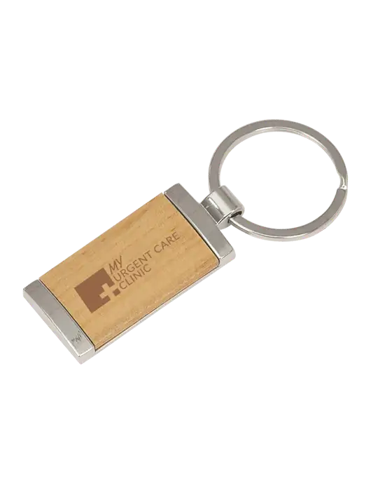 Wood & Silver Rectangle Keychain w/My Urgent Care Logo