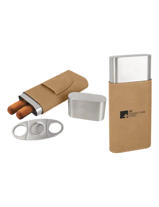 Tan Leatherette Cigar Case with Cutter w/My Urgent Care Logo