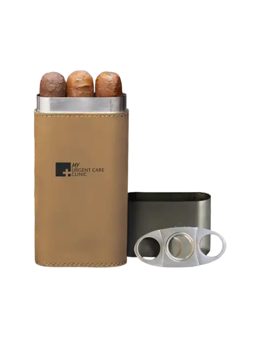 Tan Leatherette Cigar Case with Cutter w/My Urgent Care Logo