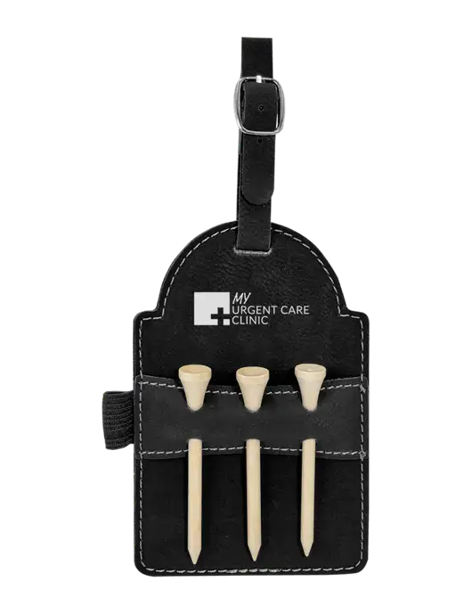 Black Leatherette Golf Bag Tag with 3 Wooden Tees w/My Urgent Care Logo