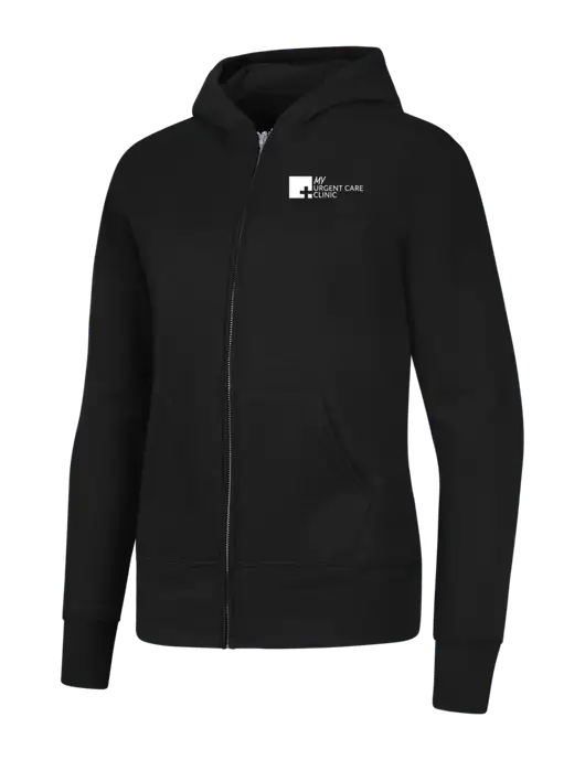 Jet Black Womens Core Fleece Full-Zip Hooded Sweatshirt w/My Urgent Care Logo