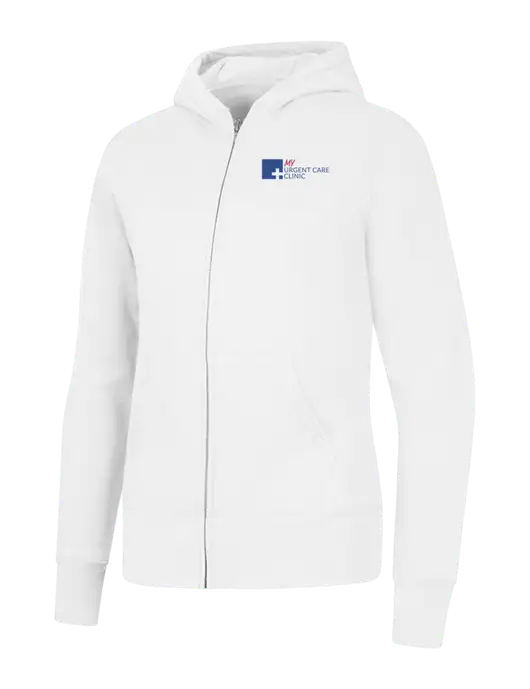 White Womens Core Fleece Full-Zip Hooded Sweatshirt w/My Urgent Care Logo