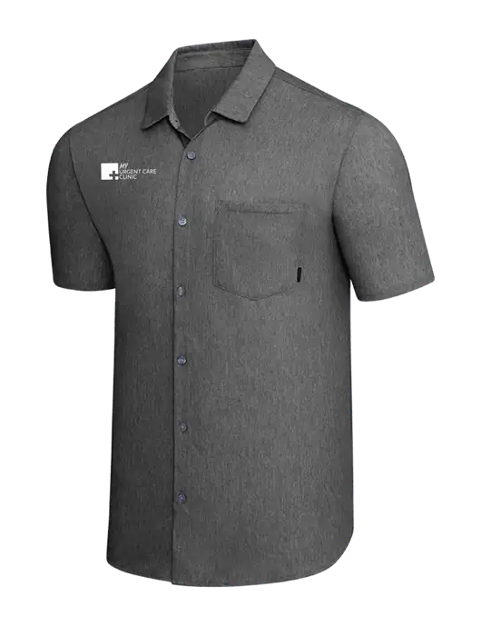 OGIO Dark Grey Heather Extend Short Sleeve Button Up Shirt w/My Urgent Care Logo