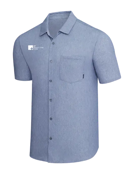 OGIO Slate Blue Heather Extend Short Sleeve Button Up Shirt w/My Urgent Care Logo