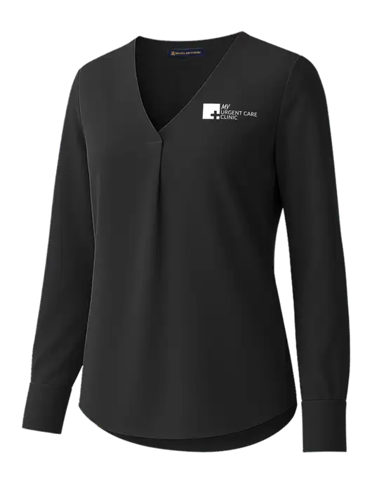 Brooks Brothers Womens Black Open-Neck Satin Blouse  w/My Urgent Care Logo