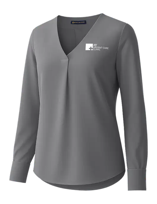 Brooks Brothers Womens Medium Grey Open-Neck Satin Blouse  w/My Urgent Care Logo