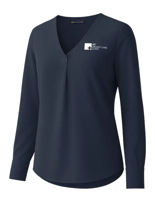 Brooks Brothers Womens Dark Navy Open-Neck Satin Blouse  w/My Urgent Care Logo