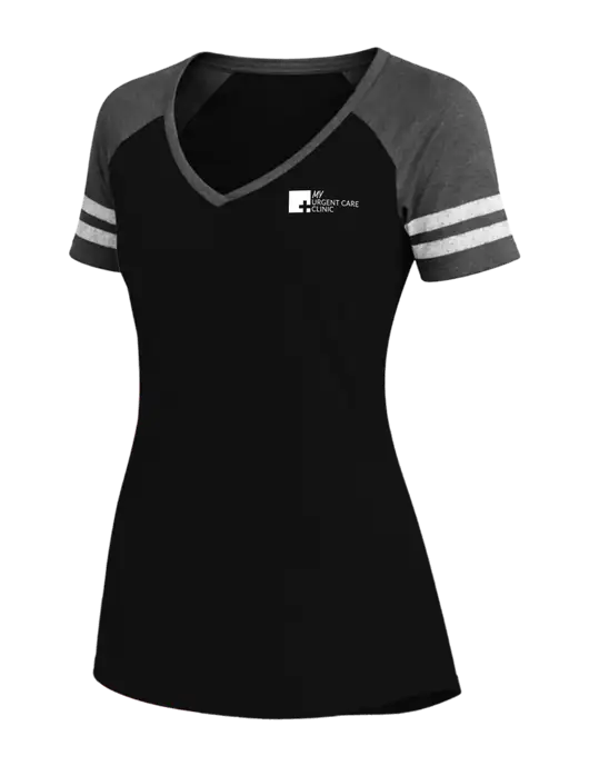 Womens Black/Charcoal Heather V-Neck Game Tee w/My Urgent Care Logo