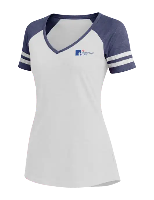 Womens White/Navy Heather V-Neck Game Tee w/My Urgent Care Logo