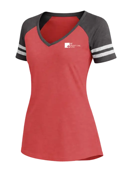 Womens Red Heather/Charcoal Heather V-Neck Game Tee w/My Urgent Care Logo