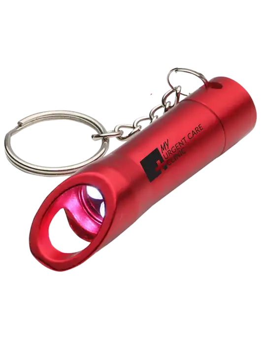 Red Pocket LED Flashlight with Bottle Opener & Keychain w/My Urgent Care Logo
