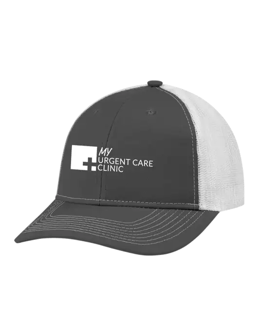 Snapback Ponytail Trucker Cap Dark Grey w/White Mesh w/My Urgent Care Logo