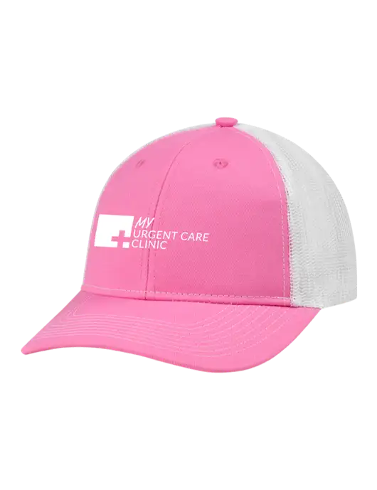Snapback Ponytail Trucker Cap Pink/White Mesh w/My Urgent Care Logo