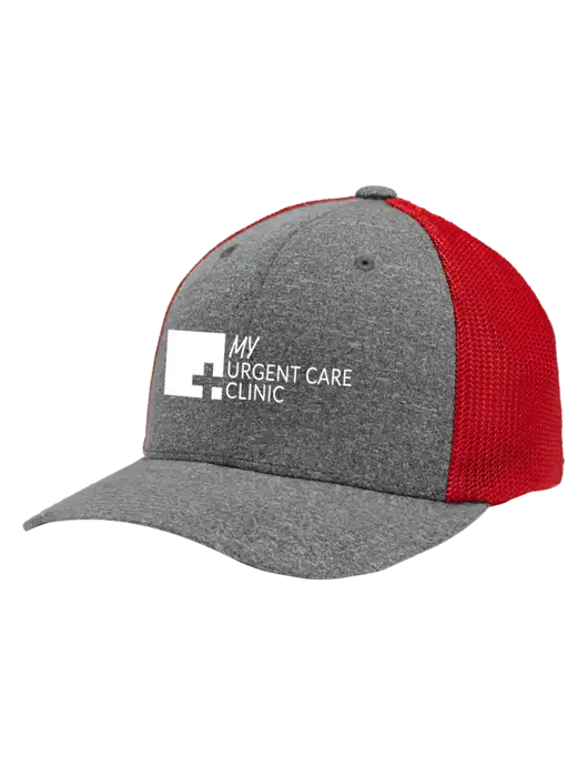 Flexfit Red/Medium Grey Heather Melange Mesh Back Trucker Cap w/My Urgent Care Logo
