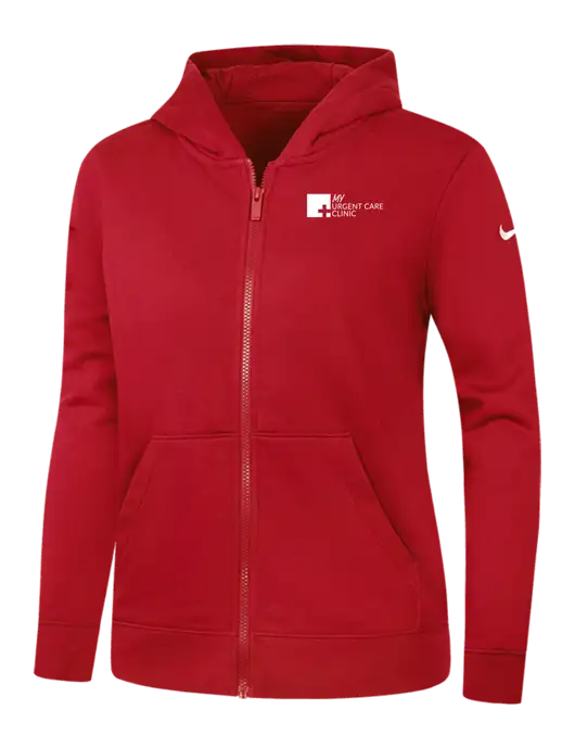 Nike Womens Club Fleece Sleeve Swoosh Full-Zip Red Hoodie w/My Urgent Care Logo