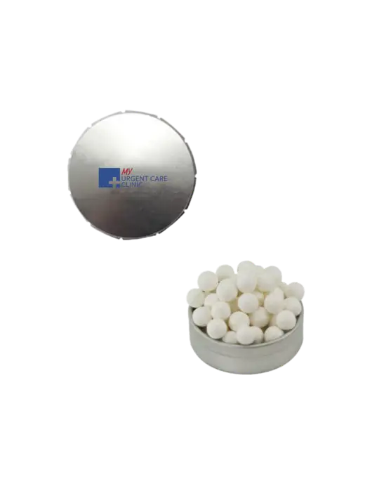 Signature Peppermints In Silver Snap Top Tin  w/My Urgent Care Logo