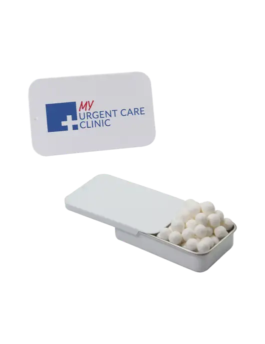 Signature Peppermints In White Slider Tin w/My Urgent Care Logo