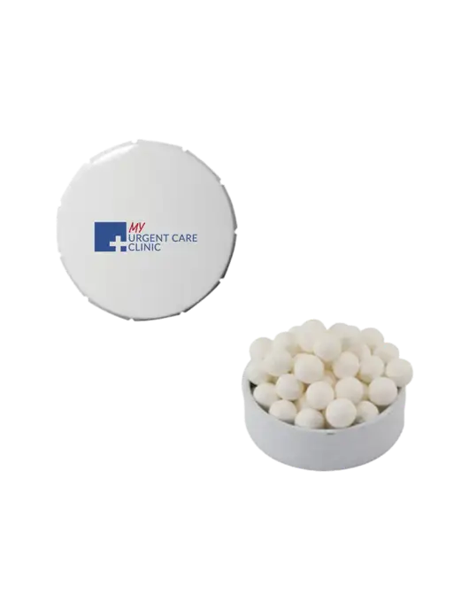 Signature Peppermints In White Snap Top Tin  w/My Urgent Care Logo