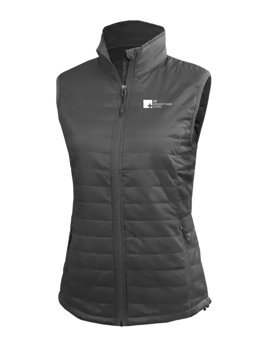 Womens Packable Dark Grey Puffy Vest w/My Urgent Care Logo
