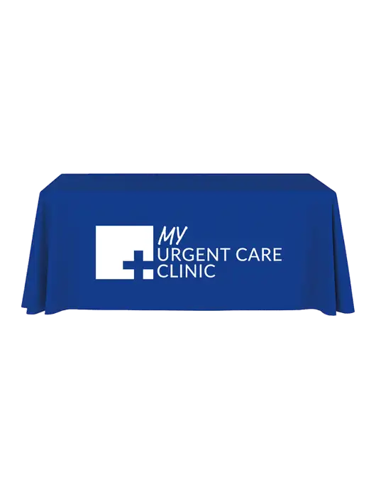 6' Stain-Resistant 4-Sided Dark Royal Table Cover w/My Urgent Care Logo