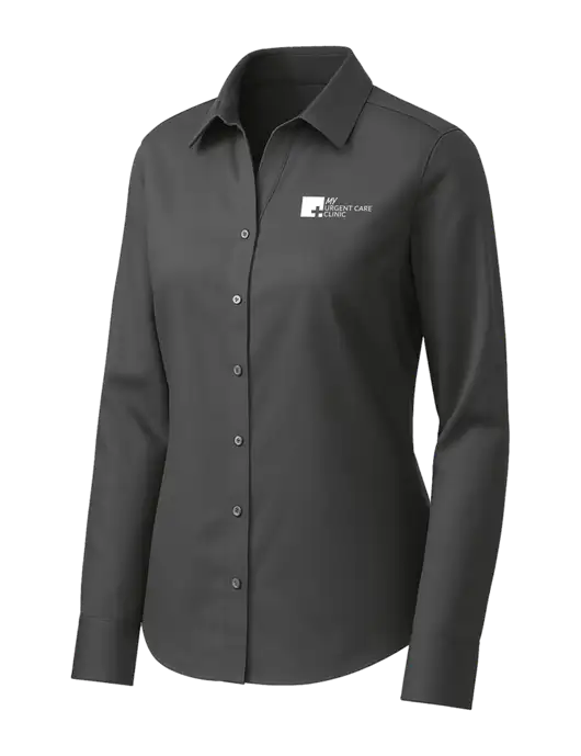 Brooks Brothers Womens Dark Grey Wrinkle-Free Stretch Pinpoint Shirt w/My Urgent Care Logo
