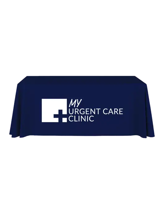 6' Stain-Resistant 4-Sided Dark Navy Table Cover w/My Urgent Care Logo