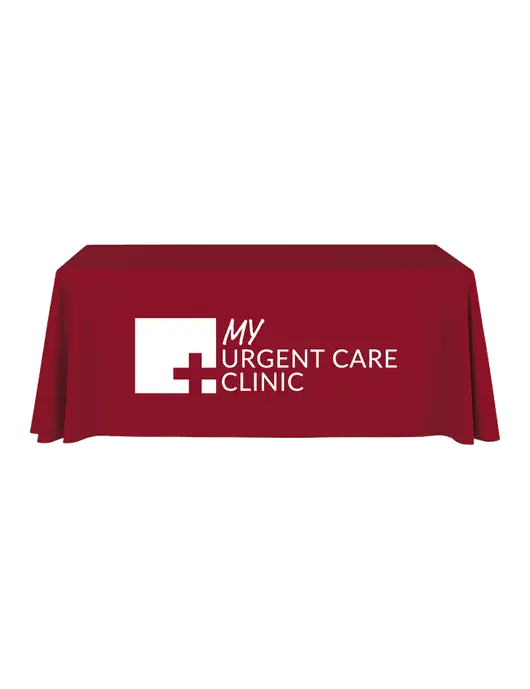 6' Stain-Resistant 4-Sided Red Table Cover w/My Urgent Care Logo