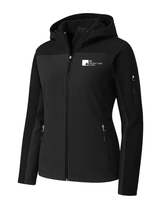 Womens Hooded Core Black Soft Shell Jacket w/My Urgent Care Logo