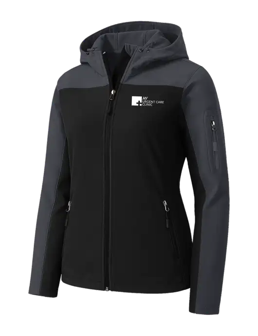 Womens Hooded Core Dark Grey/Black Soft Shell Jacket w/My Urgent Care Logo