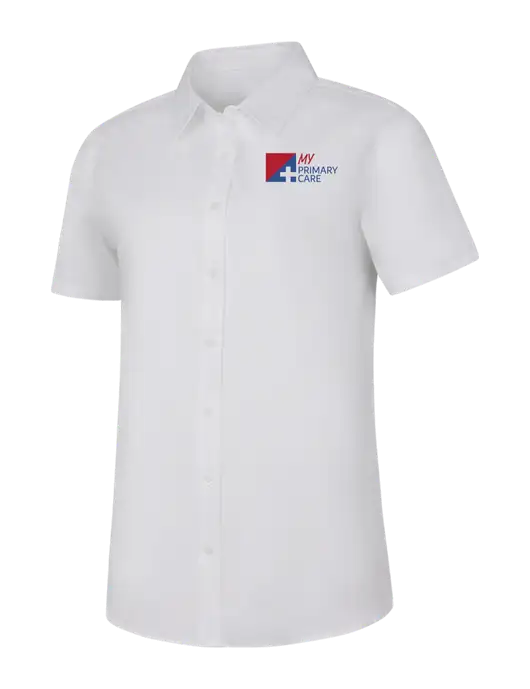 Womens White Short Sleeve Superpro React Twill Shirt w/My Primary Care Logo