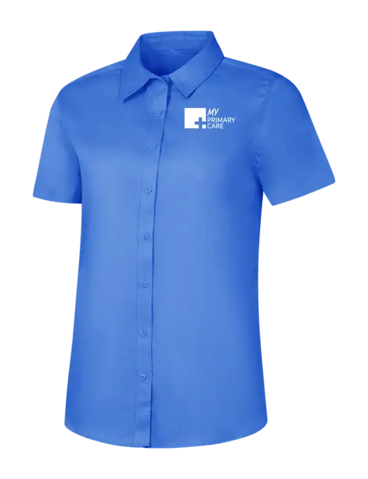 Womens Dark Carolina Blue Short Sleeve Superpro React Twill Shirt w/My Primary Care Logo